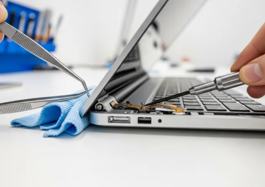 MacBook hinge repair showing damaged lid hinge