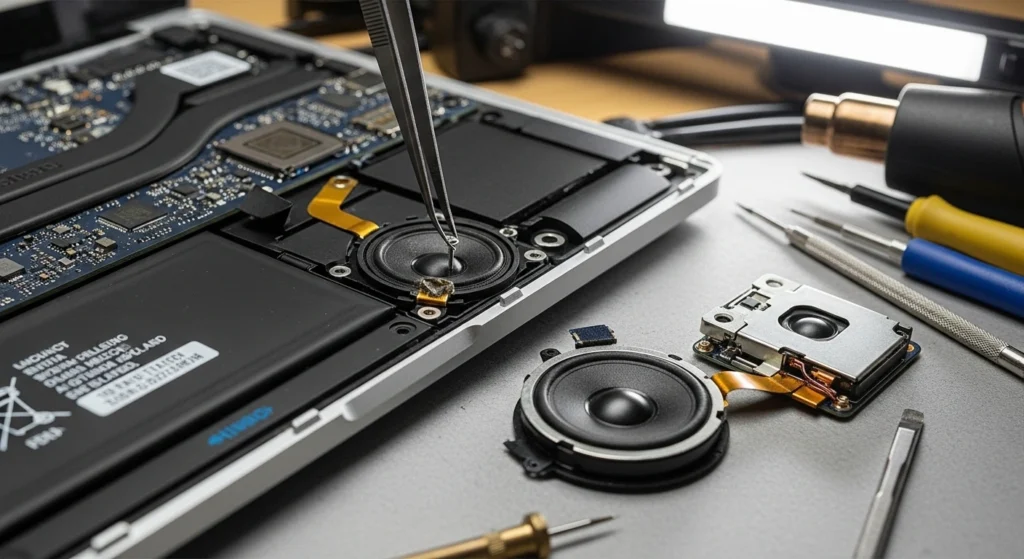 MacBook speaker repair technician replacing unit