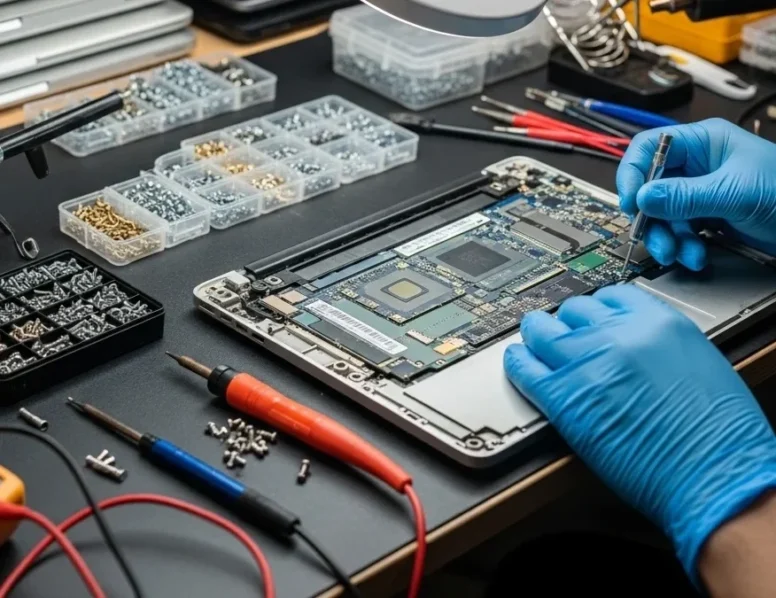 MacBook repair technician diagnosing device